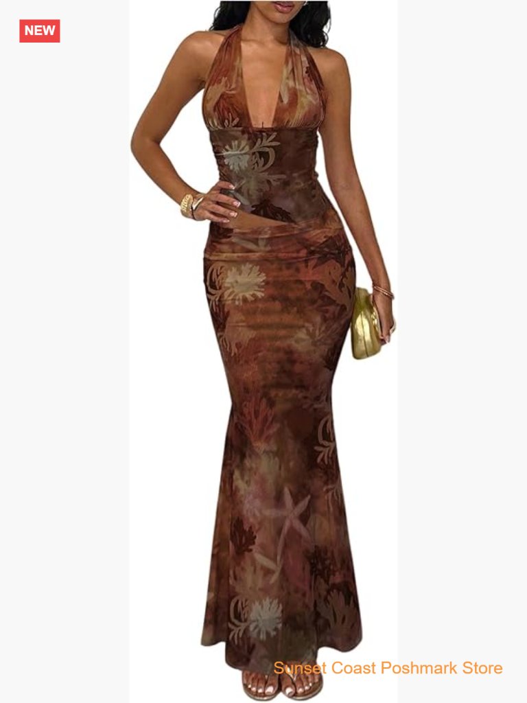2 Piece Matching Set Floral Backless Halter Top And Maxi Skirt Vacation Outfit